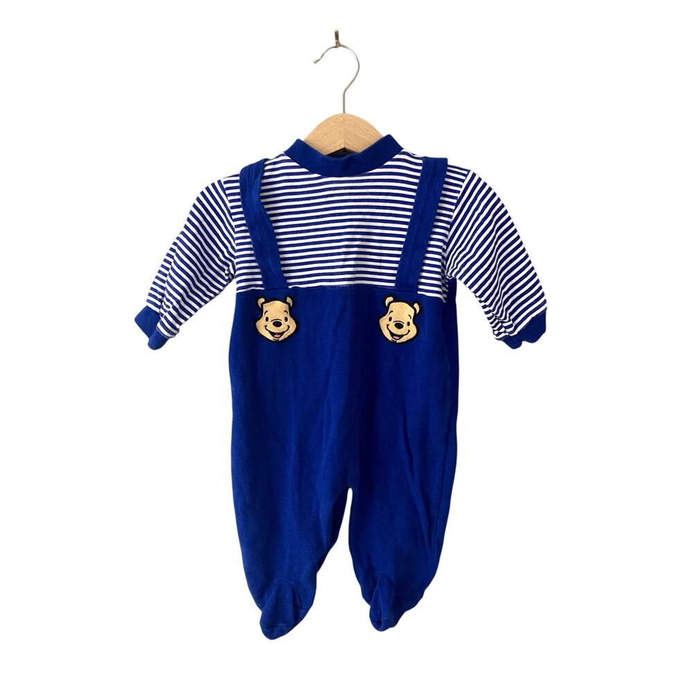 Vintage Winnie the Pooh Disney Baby Footie Sleeper Overalls Blue 3-6M
